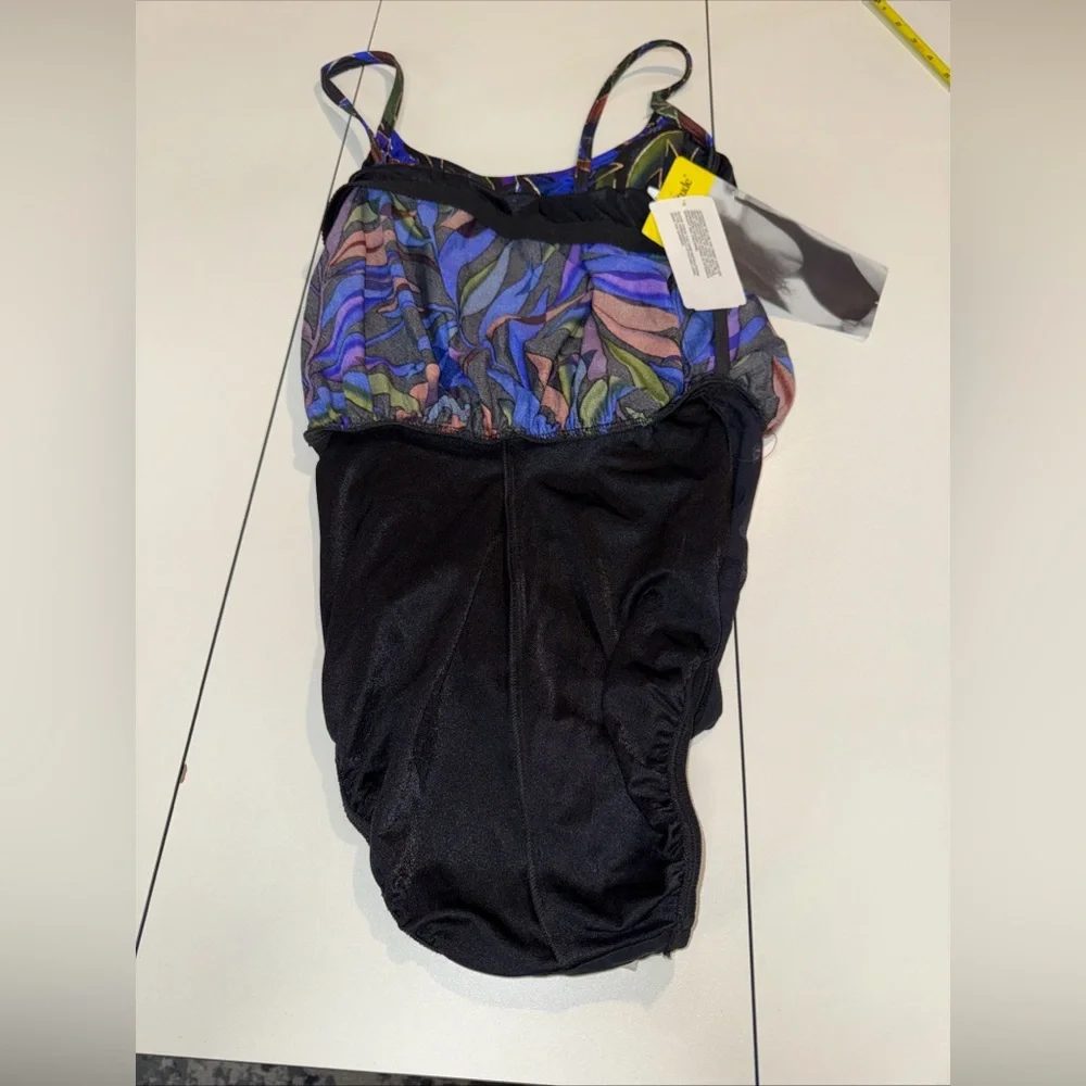 VTG Longitude Women's Sz 10 One Piece Swimsuit Black Button Floral‎ Top Tropical